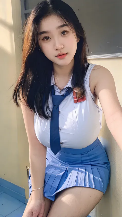 Beautiful 18 Years Old , Gigantic Colossal Breast , Cleavage , Sleeveless , ((Wearing High School Uniform)) , High School Skirt , Kayes , Indonesian Influencer , Sit On Table In Classroom , Modern Futuristic Classroom , Take Selfie , ((Face Focus)) , ((Cen...