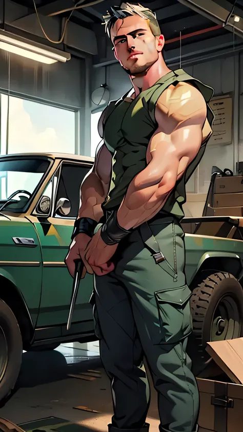 masterpiece , 8k , best quality ,very  very detailed face , natural eyes, 1man, young man, boy, muscled and mature, (((stephen amell))) as a mechanic wearing totally unbuttoned overall , showing his nipples and muscles , mechanic tools , sweating, tight cl...