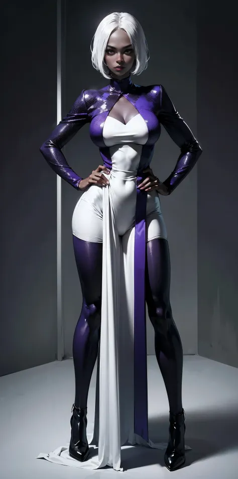 1solo Milf full body standing straight symmetrical, looking at viewer, hands on hips, colored skin, dark purple skin, white silver hair, red eyes.