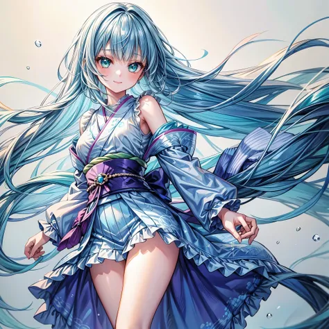 1girl, solo, full body, beautiful illustration, happy smile, cute girl, pastel color, petite body, medium breasts, blue hair, BREAK, long hair, blunt bangs, wearing light blue kimono with long hanging sleeves worn, Lavender pattern, glossy eyes, BREAK, eme...