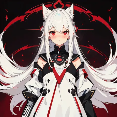 1girl, white hair, masterpiece, (blushing:1.2), facing viewer, 8k, ultrasharp, ultradeitaled, long hair, glowy eyes, sexy, cats ear, red eyes, (dark background:1.2).