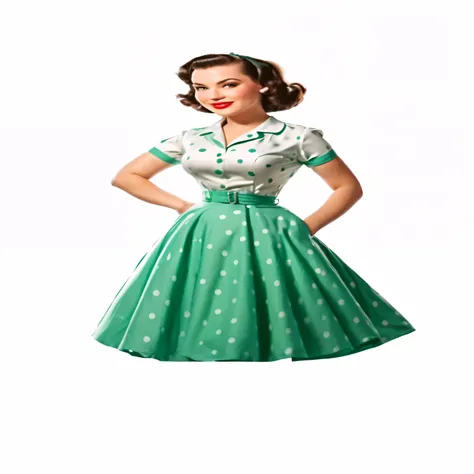 a woman in a green dress with polka dots on it, 5 0 s style, 50s style, 1950s vibes, 1 9 5 0 s style, retro 5 0 s style, 5 0 s aesthetic, sea - green and white clothes, rockabilly, green clothes, rockabilly style, sixties pinup, marvelous designer, teal un...