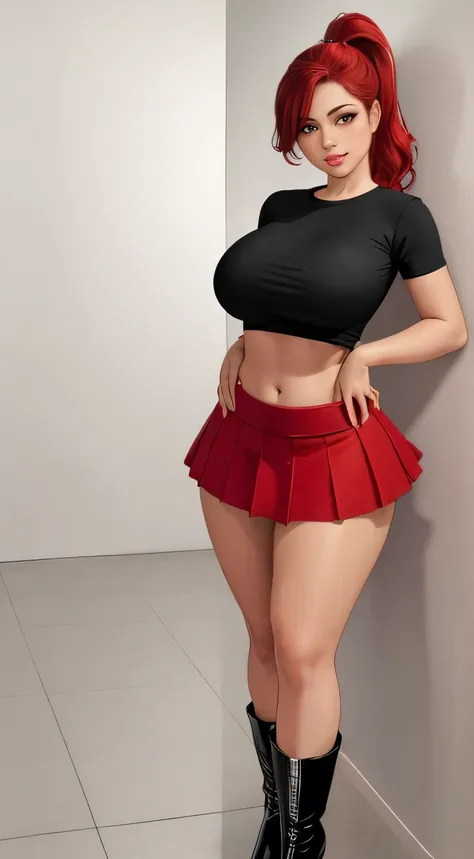 high detailed, masterpiece 1girl, posing sexy, subtle smile, pouting, full lips, red hair, high ponytail, brown eyes, perfect hands, big breast, wide hips, thick thighs, black tshirt, crop top, red skirt, red high heel boots, clean scene, white background,...