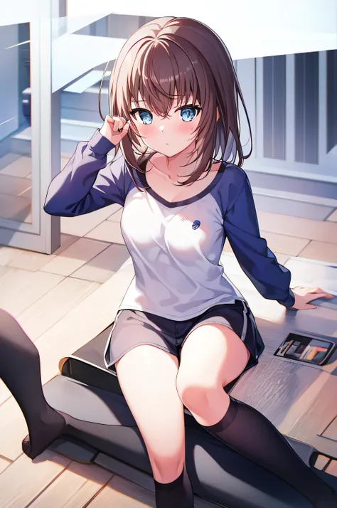 1 girl at home, nakano._future, ,  alone, scantily clad, ,  blue_ have eyes , brown_hair, long_hair, hair_between_ have eyes , w...