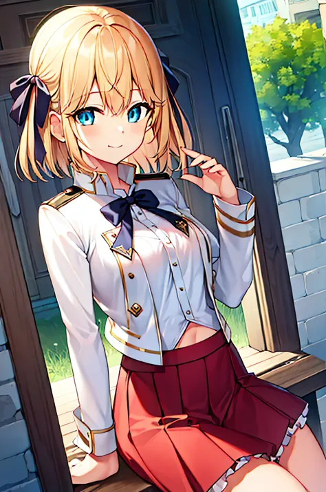 detectivelunch break,  smile, short hair,  bangs,  blue eyes , shirt, hair accessories, long sleeve, skirt, bow, white hair, hai...