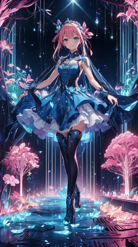 anime style、story、、 Beautiful Girl、とても cute天使、 pink gothic dress 、 cute、Baby Face、 Smile、 Long skirt 、 black boots 、Very cute headband