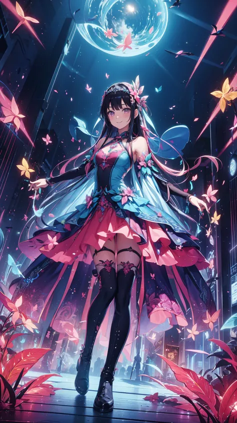   anime style、story、、  Beautiful Girl、とても cute天使、  pink gothic dress  、 cute、Baby Face、 Smile、 Long skirt 、   black boots  、Very  cute headband
