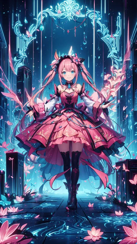 anime style、story、、 Beautiful Girl、とても cute天使、 pink gothic dress 、 cute、Baby Face、 Smile、 Long skirt 、 black boots 、Very cute headband