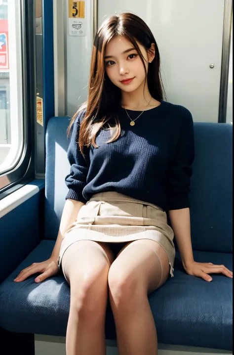 (masterpiece, Highest quality, 8k, RAW Photos, beautifully、aesthetic:1.2),  Intricate details, indirect lighting, Realistic,
whole body, Sitting on a chair on the train、Staring at the viewers、Voyeur, (Ultra-realistic pantyhose)、
 Training women , Chair to ...