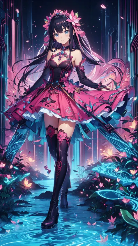 anime style、story、、 Beautiful Girl、とても cute天使、 pink gothic dress 、 cute、 girl、Charm、 Smile、 Long skirt 、 black boots 、Very cute headband
