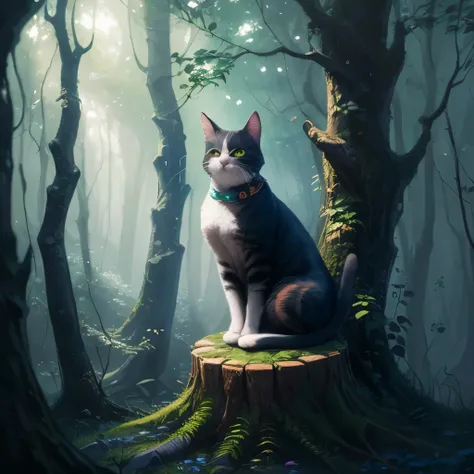 painting of a cat sitting on a tree stump in a forest, a detailed painting by Yang J, trending on cgsociety, fantasy art, cat in the forest, sitting in a colorful forest, in a magical forest, in the magical forest, magical forest, detailed painting 4 k, ma...