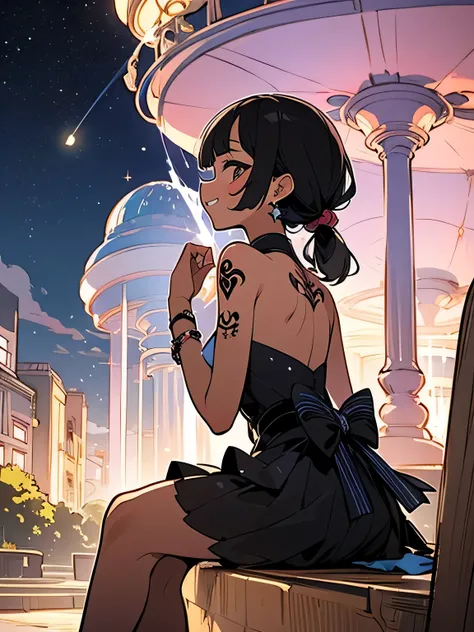 A starry night, a park with a fountain, sitting and looking at the night sky, a perfect and beautiful scene that expresses the melancholy and fleeting beauty,Alone,(looking away:1.3),(black short chignon),((very short sideburns)),(blunt bangs),(dark skin:1...