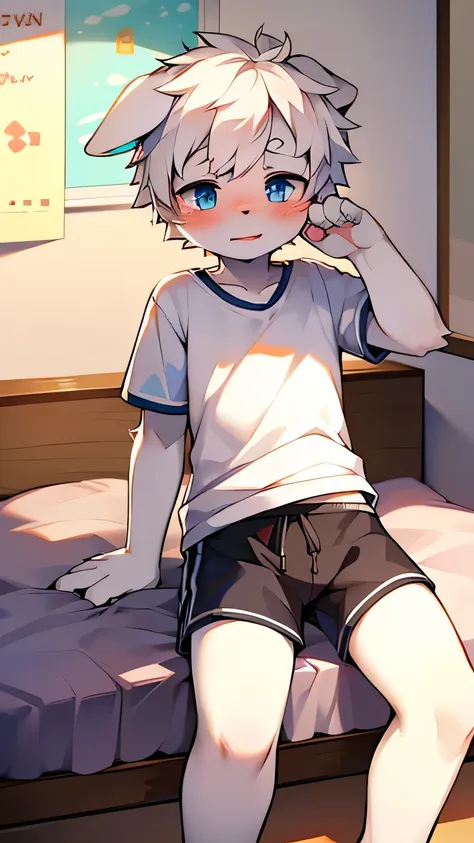 puppy, wolf, boy, cute,white hair, blue eyes, floppy ears, blushing, sitting on the bed, wear shorts and t-shirts