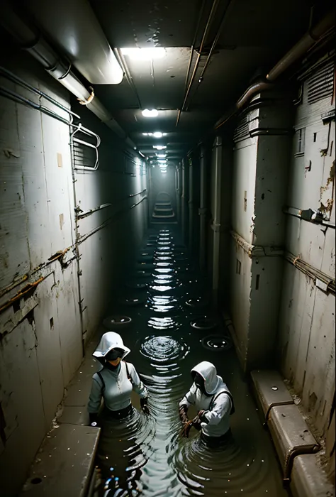 three women dressed in white anti-radiation clothing inside an open dry canal, there are three pipe holes in the wall, estilo ha...