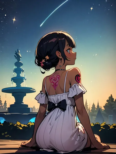 (from behind),A starry night, a park with a fountain, sitting and looking at the night sky, a perfect and beautiful scene that expresses the melancholy and fleeting beauty,Alone,(looking away:1.3),(black short chignon),((very short sideburns)),(blunt bangs...