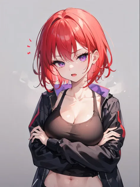 (open mouth), China, 1 girl, upper body, (facing viewer, looking viewer), standing straight, (purple eyes, (tsurime), (red hair), triple hair, short hair, large breast), ((black tank top)), ((black jacket)), ((black shorts)), (abs:0.7, navel, collarbone, c...