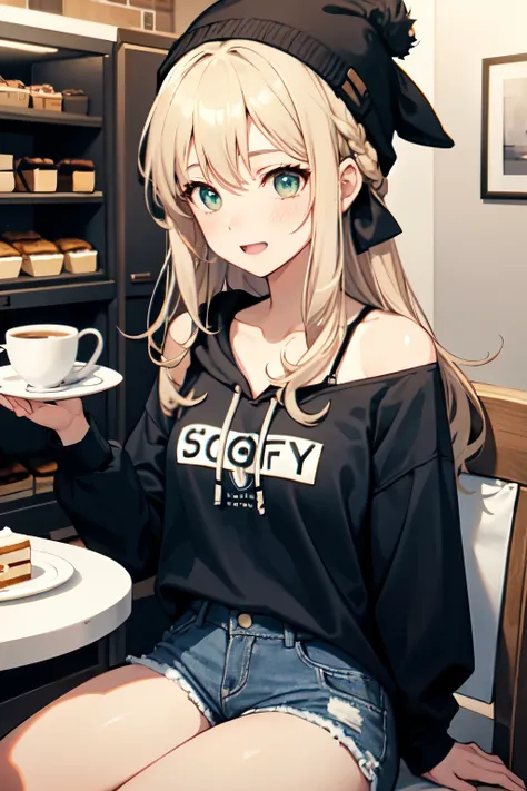 A girl with long, soft light dirty blonde hair that has a ribbon in it. She has light, soft green eyes and a slight blush. Her facial expression is surprised and excited. She is wearing a grey beanie, a white t-shirt with an anime girl graphic, and blue je...