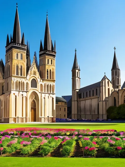 arafed view of a castle with a garden and a flower bed, northern france, cathedrals and abbeys, by Raphaël Collin, alabaster gothic cathedral, old abbey in the background, medieval french landscape, french architecture, traveling in france, located in a ca...