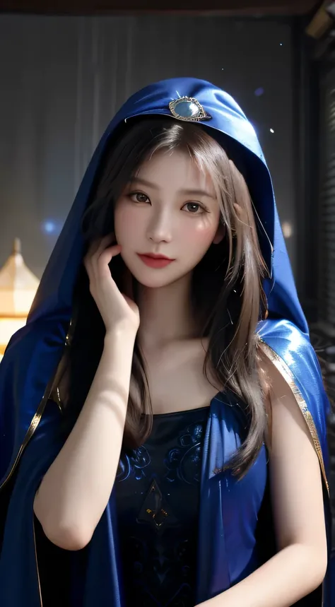 Overall body orientation: frontal. Female fortune teller. Charming, beautiful and mysterious. She wears a blue cloak over her head and has a clear face. The background is bright and glittering. The atmosphere is full of anxiety and anticipation. The fortun...