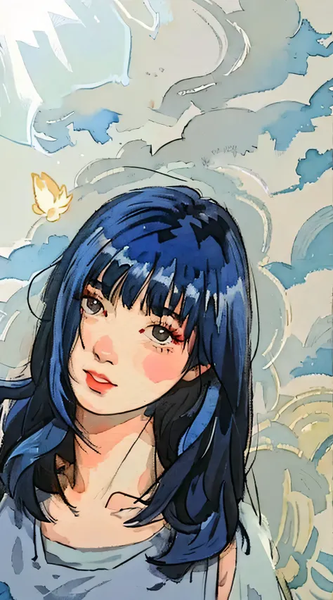 arafed woman with blue hair and a gray tank top, hair blackbangs hair, neat hair with bangs, with full bangs, she has black hair with bangs, with bangs, with blue hair, with glowing blue lights, center parted bangs, ulzzang, blue colored, fluffy bangs, aes...