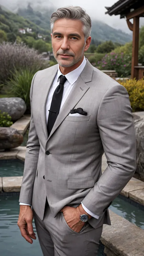Outdoor Hot Spring Hall Garden Landscape! Stone lamp! Beautiful environment! Water and fog!Best quality, masterpiece, ultra high res,detailed background,solo,male,mature,bara,muscular,mature male,silver formal suit,office,salaryman, ,plants, from below, de...