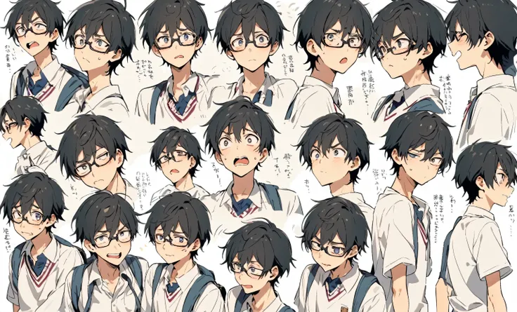 a geeky young man dressed in school clothes, backpack, skinny and shy, character sheet wuth different expressions