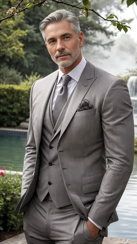 Outdoor Hot Spring Hall Garden Landscape! Stone lamp! Beautiful environment! Water and fog!Best quality, masterpiece, ultra high res,detailed background,solo,male,mature,bara,muscular,mature male,silver formal suit,office,salaryman, ,plants, from below, de...