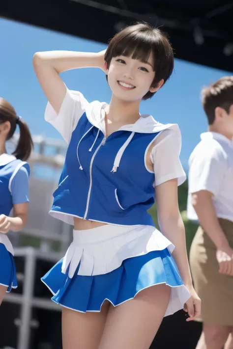  super high definition 、 real photo、 under the blue sky、Outdoor Stage、３０Female dancer with short cut hair with a baby face 、 red short sleeve shirt and white hooded sleeveless life jacket、 pleated miniskirt is dark blue with thin vertical lines 、White snea...