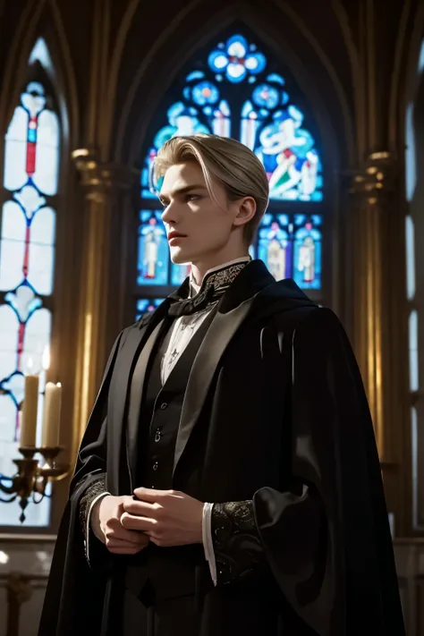 A tall, pale-skinned male vampire with golden hair neatly swept back, piercing blue eyes, and sharp, elegant facial features. He wears a classic gothic suit with a high-collared cloak, ornate silver embroidery, and subtle lace detailing. His crimson lips a...