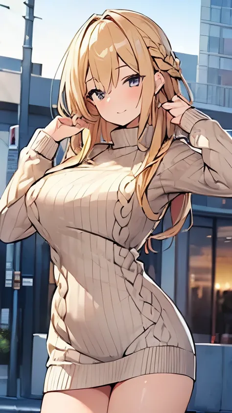 (masterpiece,  best quality: 1.5), (Hip length sweater:1.4) ,walk,  1 Beautiful Girl , Alone, Blonde,  braid hair,  Medium Hair ,  wavy hair in front of the station, (:1.2), Big Breasts, Standard weight, smile:1.2, :1.4,  open your mouth,  dynamic pose,  B...