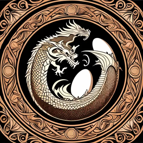 a close up of a carved egg with a dragon inside, vector art by Matt Stewart, trending on polycount, art nouveau, newly hatched dragon, dragon eggs, avatar image, hatching, dragon in dragon lair, digesting a small dragon, smaug, the devil in hell as a drago...