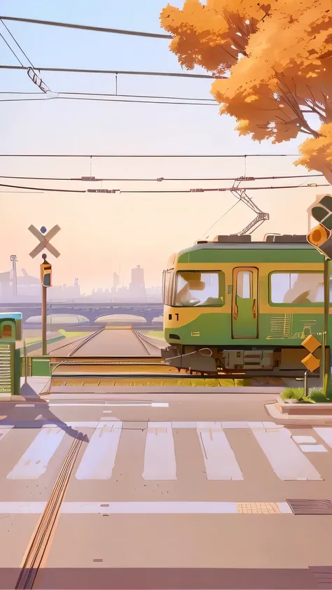 There is a train running on railroad tracks in the city, Animated illustration style, Inspired by Goro Fujita, Anime Landscape Concept Art,   train station background , Animated background art, Colorful anime movie background ,  Animal City conceptual art ...