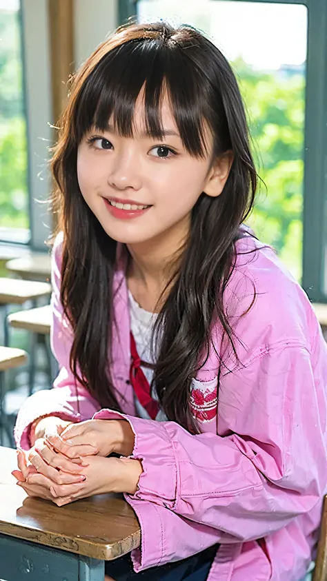 Bust of a Japanese high school girl。Her straight black hair、 shoulder-length hair 、Bangs that reach her eyebrows。Each strand is drawn with care.、 natural shine 、The areas where the light hits are shiny。Her skin has a healthy tone、Posters and notices pasted...