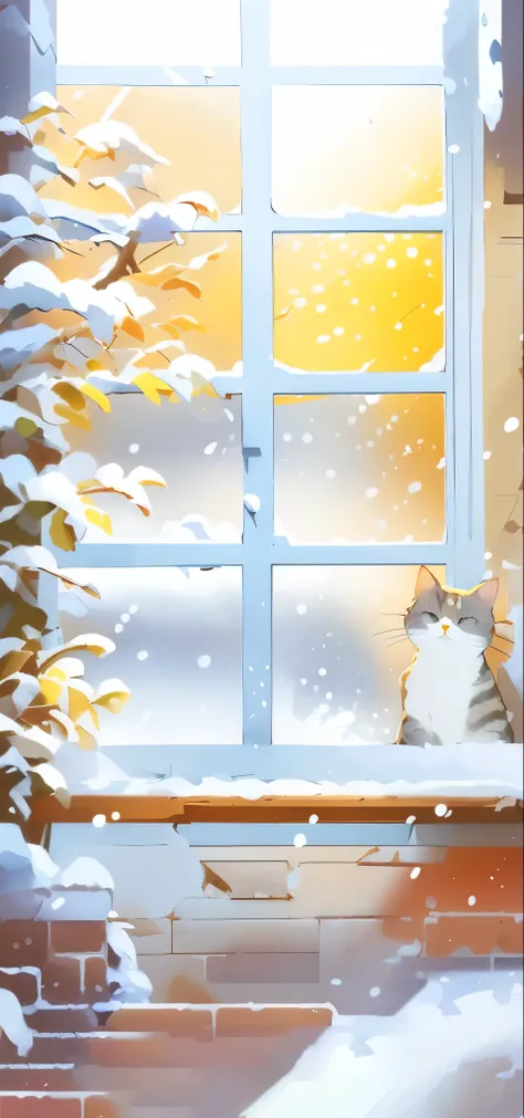 there is a cat sitting on a window sill in the snow, cozy wallpaper, cozy home background, anime visual of a cute cat, snowing outside, snowy day, snow outside the windows, cold snow outside, anime art wallpaper 4k, cute detailed digital art, anime art wal...