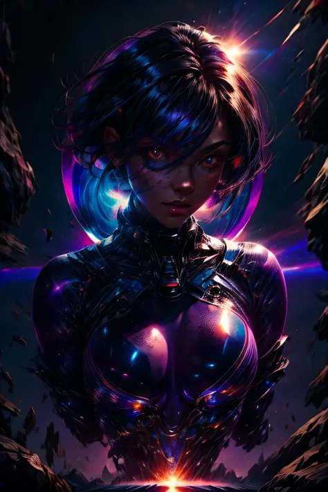 Beautiful purple woman, purple skin, purple skin, rounded features, bright red eyes and short black hair with blue highlights, she has freckles on her face, she wears a futuristic space suit with dark colored metal plates, rays come out of the suit around ...