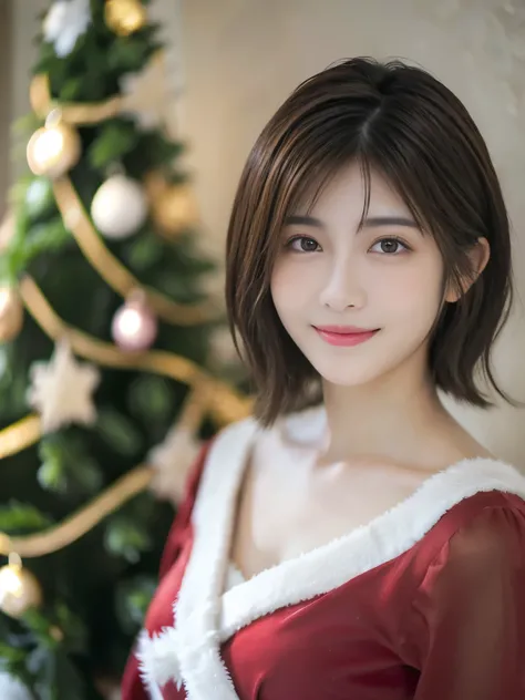 blurred Christmas tree background, dress as Santa Claus、gentle smile, looks very happy, masterpiece、short hair, facing the camera, E cup breast, Best Quality、Genuine、 very detailed、Subtle details、 high resolution on down、8k wallpaper、Beautiful girl、Light b...