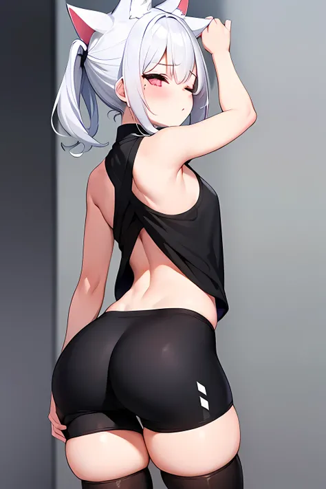 nfsw:  girl standing,  with the butt to one side ,    black yoga shorts ,  That represent your butt on one side, white dyed hair,   eyes closed , blush, Black short leggings, (on one side:1.2), cat ears 