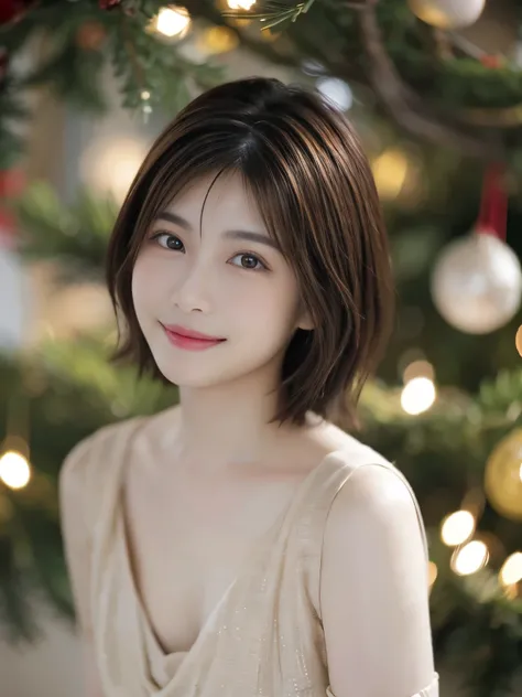 blurred Christmas tree background, dress as Santa Claus、gentle smile, looks very happy, masterpiece、short hair, facing the camera, E cup breast, Best Quality、Genuine、 very detailed、Subtle details、 high resolution on down、8k wallpaper、Beautiful girl、Light b...