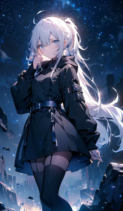 ( best quality,4K, high definition :1.2),  black pantyhose，Starry Eyes， white hoodie ， starry sky ，Night of，  dark blue hair ， Side Ponytail ，Long white hair， black knee-high boots，Black sash， hair covers one eye，Bit Girl