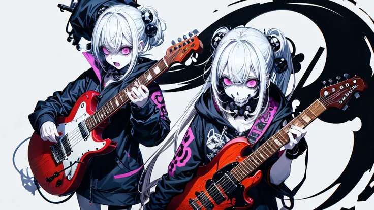 Playing electric guitar、anime zombie witch design, crossbones, skulls, street wear design, pro vector, Horror style, full design, 6 colors only, solid colors, no shadows, full design, Sticker, bright colors, white background.