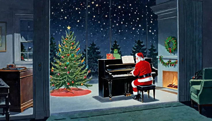 1950s,Illustration,America,  Christmas Trees Indoors,Back view of Santa playing piano alone in the middle of the night,Dimly lit room