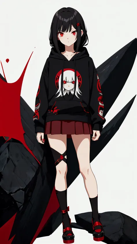 anime, , ,  short black wavy shoulder length hair , white,  red eyes,  is wearing a black hoodie with a rock band print,  small dark red skirt ,  black tights and Mary Jane shoes ,  skinny hips , Se, thin,  black graffiti background 