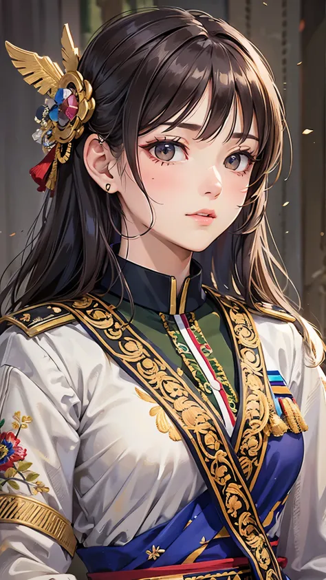 (( best quality)),( ultra high resolution),( super detailed),( detailed description ),(( best CG )),(masterpiece), Highly Detailed Art ,( Art with Precise Details:1.5), (female soldiers:1.7),( strong gaze :1.4),(ceremonial military uniform :1.6,  finely de...