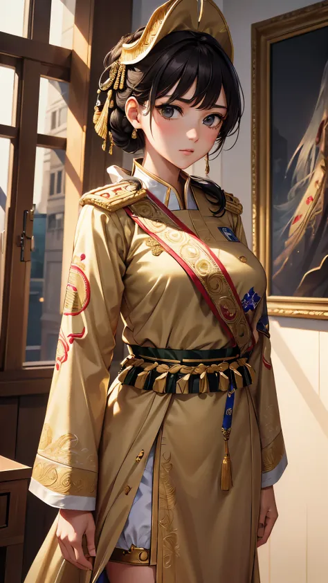 (( best quality)),( ultra high resolution),( super detailed),( detailed description ),(( best CG )),(masterpiece), Highly Detailed Art ,( Contemporary Art with Precise Details:1.5), (female soldiers:1.7),( strong gaze :1.4),(ceremonial military uniform :1....