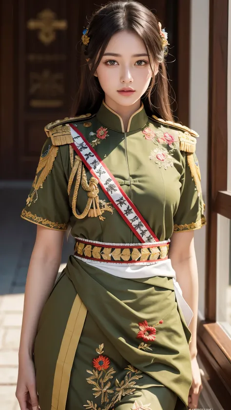 (( best quality)),( ultra high resolution),( super detailed),( detailed description ),(( best CG )),(masterpiece), Highly Detailed Art ,( Art with Precise Details:1.5), (female soldiers:1.7),( strong gaze :1.4),(ceremonial military uniform :1.6,  finely de...