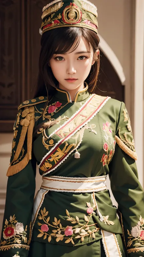 (( best quality)),( ultra high resolution),( super detailed),( detailed description ),(( best CG )),(masterpiece), Highly Detailed Art ,( Art with Precise Details:1.5), (female soldiers:1.7),( strong gaze :1.4),(ceremonial military uniform :1.6,  finely de...