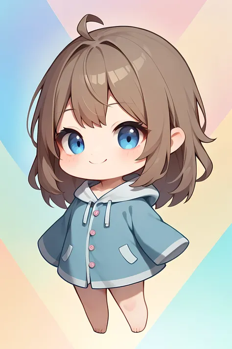 1girl, Icon-style illustration, (uhd:1.2), (Absurd:1.2), (High resolution:1.2), (best quality:1.2), chibi, cute girl, colorful background, brown hair, blue eyes, straight hair, long hair, gray color large hooded pajamas, moe-sode, no bottoms, 