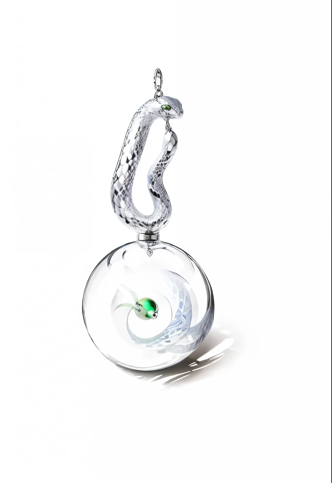 Draw a snake on a steel ball on a white background , Jewelry Design,  A pendant , Coloring， snake is silver ， metallic finish ， round is glass luster jade texture