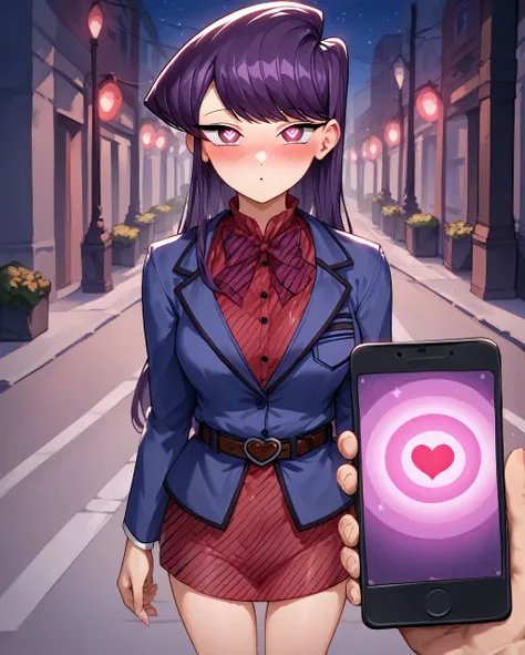 score_9, score_8_up, score_7_up, source_anime BREAK 1girl, pov, Komi Shouko, hypnosis, standing, street at night, heart-shaped pupils, swept bangs, dress, belt, brainwashed, blush, looking at viewer, thigh gap, phone, heart, eye symbol, purple hair, rating...