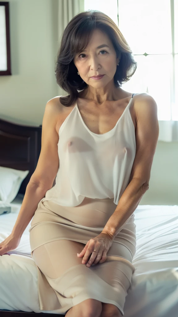  High image quality,  High image quality,   Attention to details, masterpiece,(An aging body),  Anatomically Accurate, sharp, (( Japanese,Mature Woman)),(80 years old:1.5),(( Wrinkles on the outer corner of the eye)),  white skin,  dark brown hair,(Long Ha...